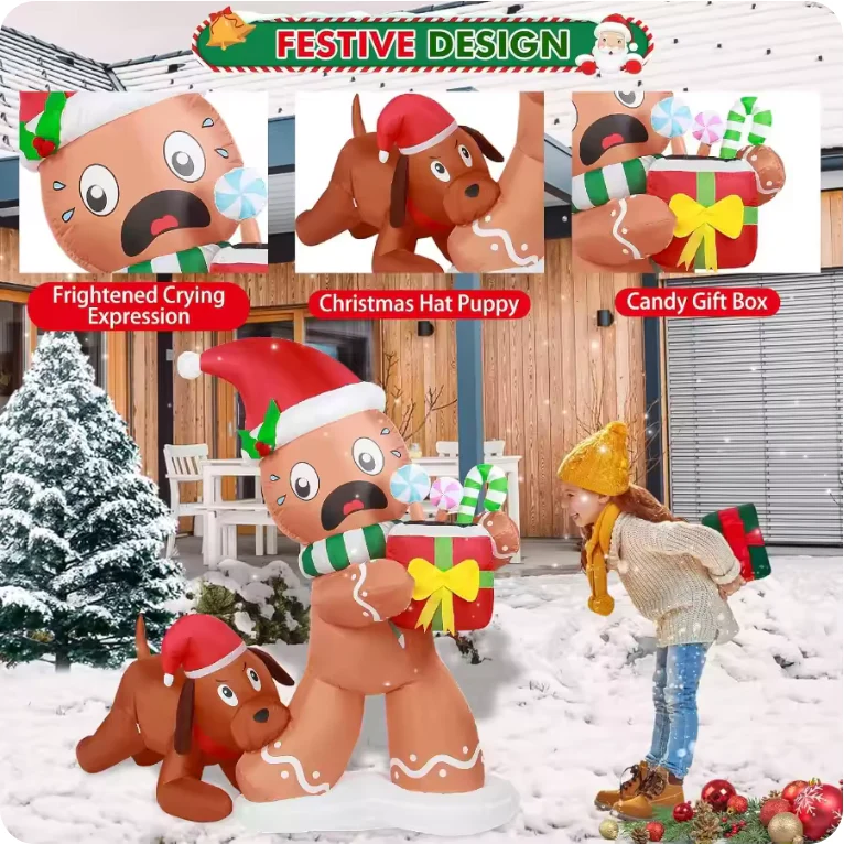 5FT Christmas Inflatable Gingerbread Man & Dog – LED Light-Up for Outdoor Decoration - Image 3