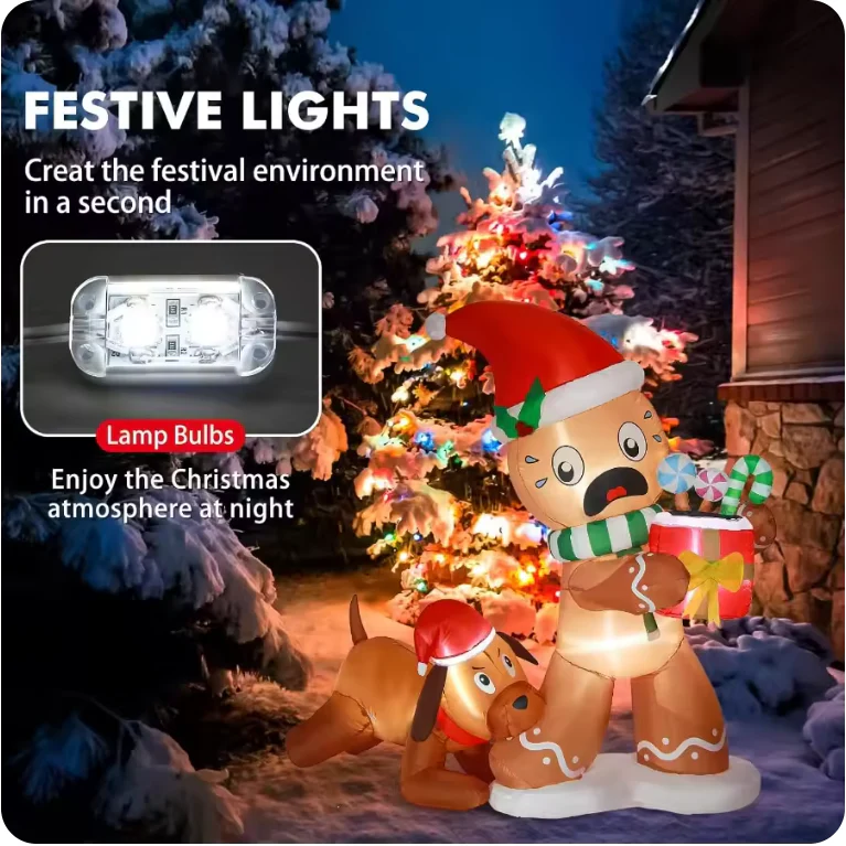 5FT Christmas Inflatable Gingerbread Man & Dog – LED Light-Up for Outdoor Decoration - Image 4