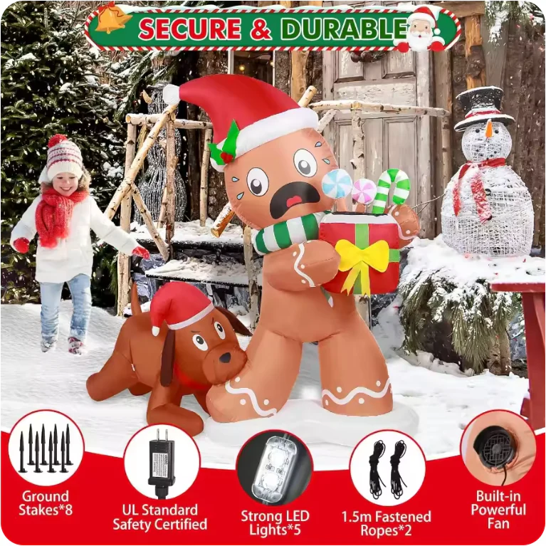 5FT Christmas Inflatable Gingerbread Man & Dog – LED Light-Up for Outdoor Decoration - Image 5