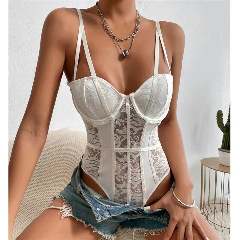 Deep-V Neck Lace Thong Bodysuit - Image 11