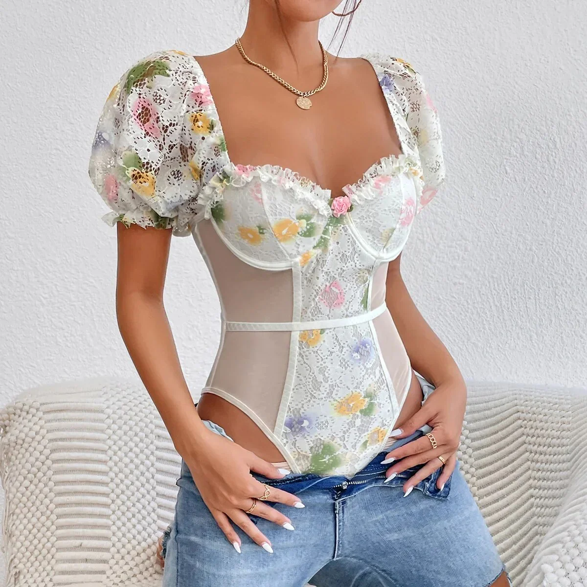 Deep-V Neck Lace Thong Bodysuit - Image 14