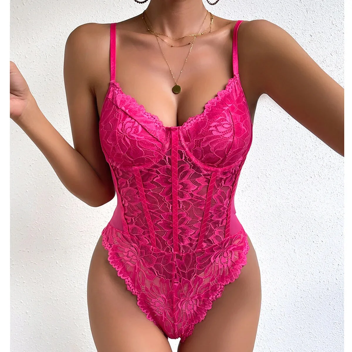 Deep-V Neck Lace Thong Bodysuit - Image 17
