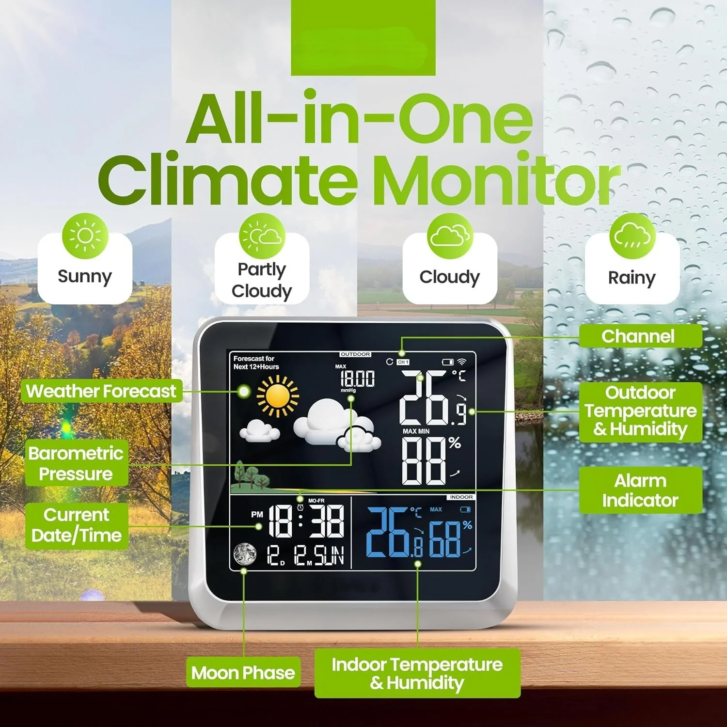 Home Weather Station & Indoor/Outdoor Thermometer Wireless – Weather Forecast, Barometer & Moon Phase Display - Image 9