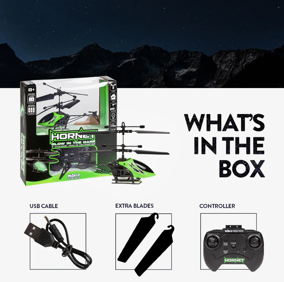 Hornet Glow in the Dark 2CH IR Helicopter – Mini Remote Control Indoor Chopper with LED Lights and USB Recharge - Image 4
