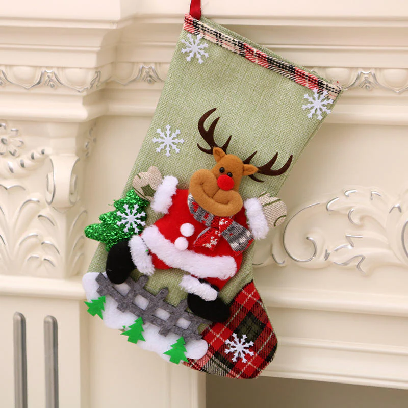 Large Linen Christmas Stocking Gift Bag – Hanging Holiday Decoration & Gift Sock - Image 3