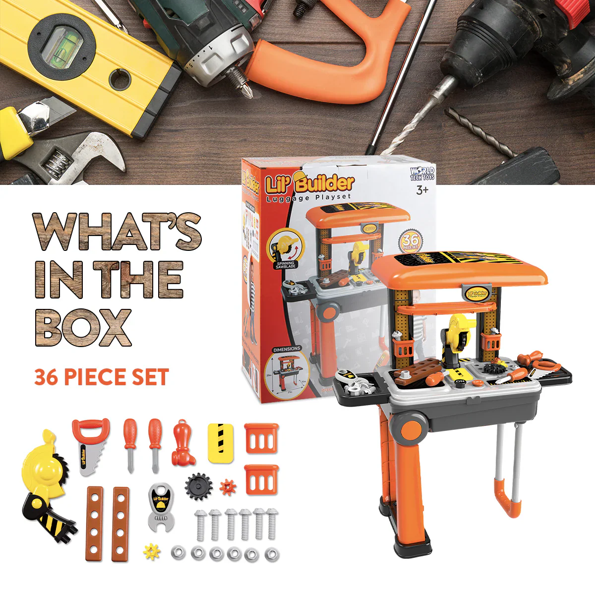 Lil’ Builder Suitcase Playset – 36 Piece Kids Construction Role-Play Kit - Image 2