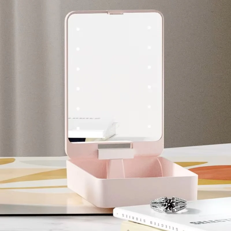 USB Rechargeable LED Makeup Mirror & Cosmetic Box – Double-Sided Pink Mirror with Brush Holder - Image 2