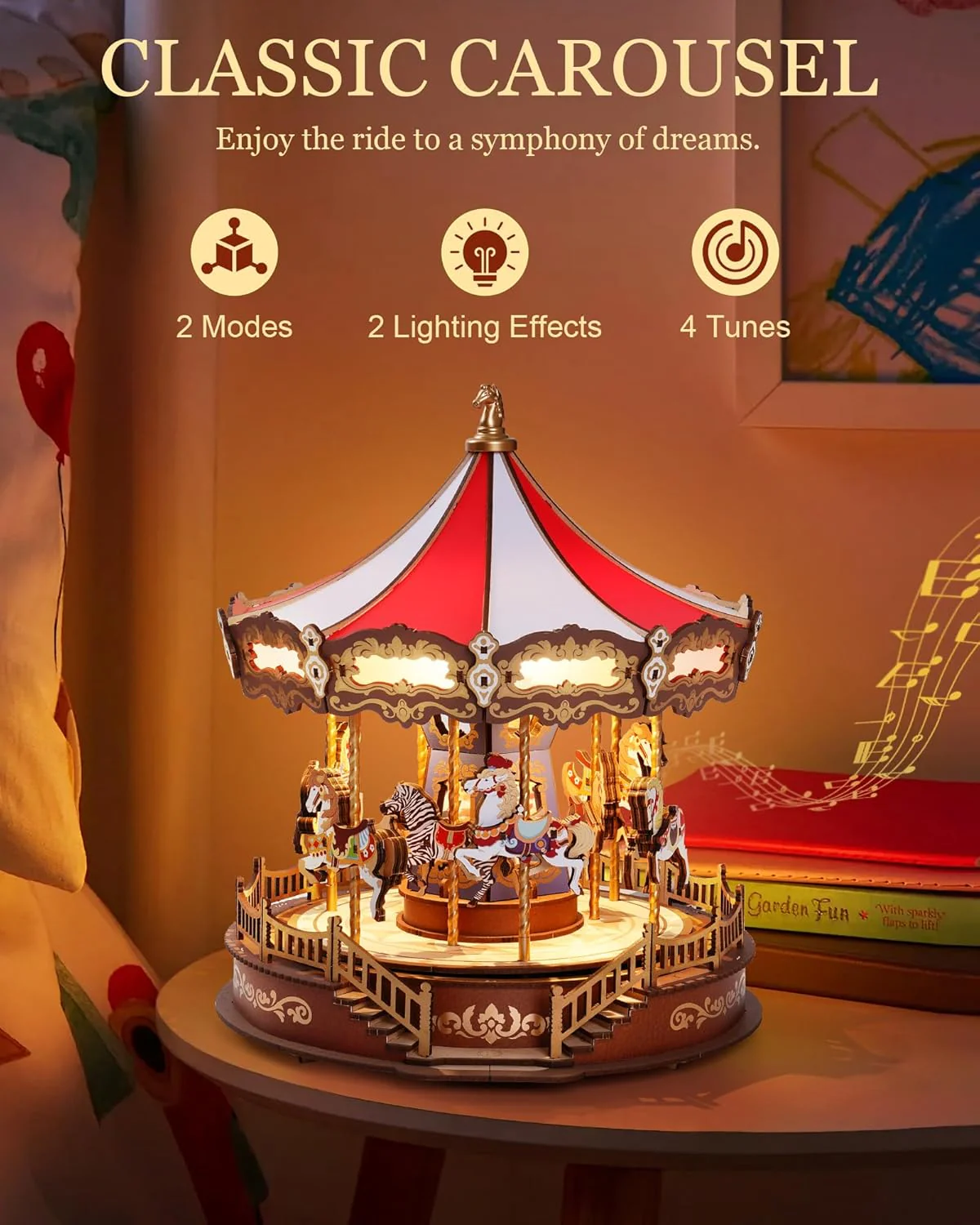 Wooden Carousel Music Box – 3D DIY Puzzle with Lights - Image 2