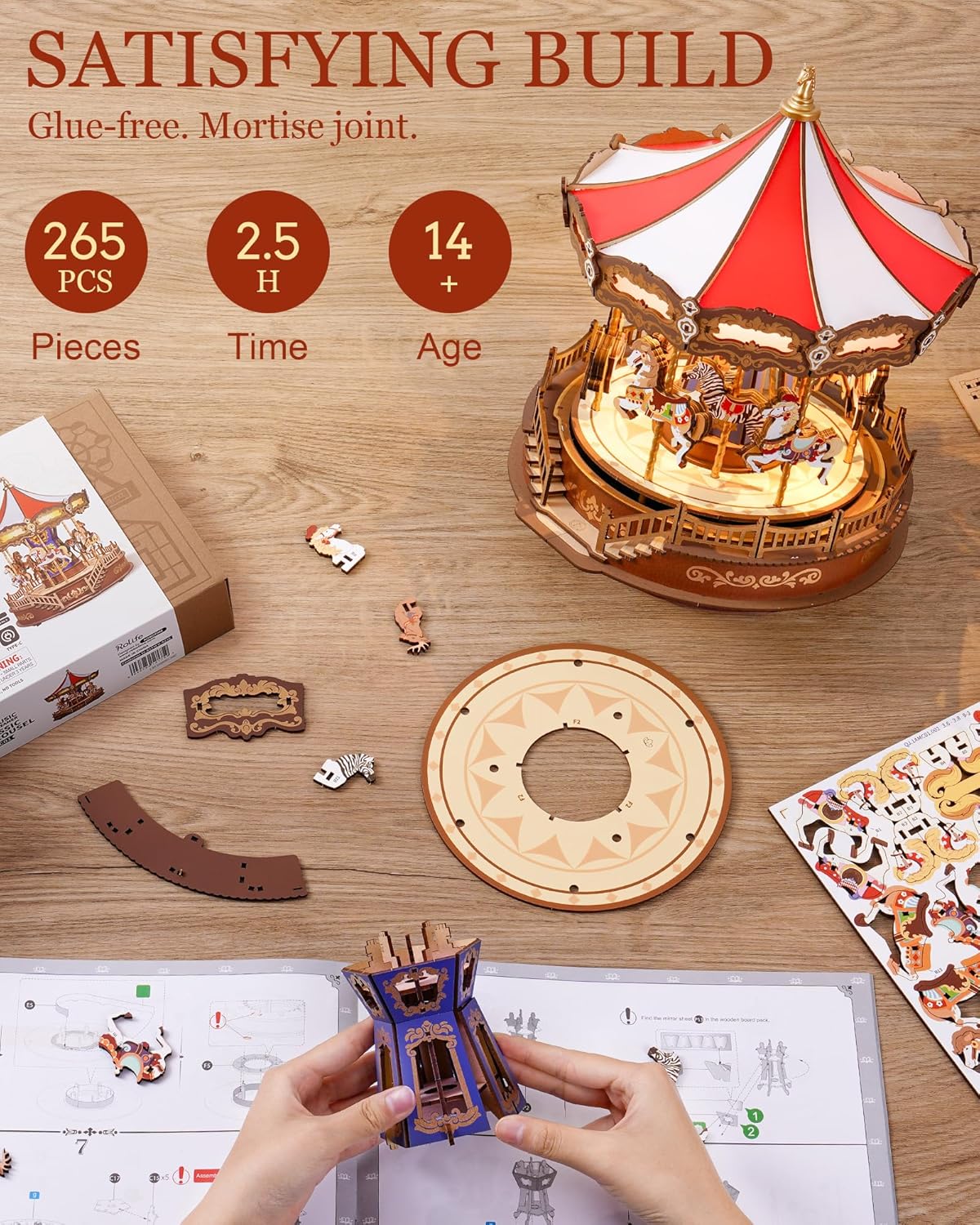 Wooden Carousel Music Box – 3D DIY Puzzle with Lights - Image 8